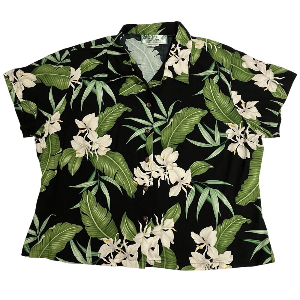 Womens Two Palms Hawaiian Tropical Blouse Short Sleeve Black Green Leaf Print XL